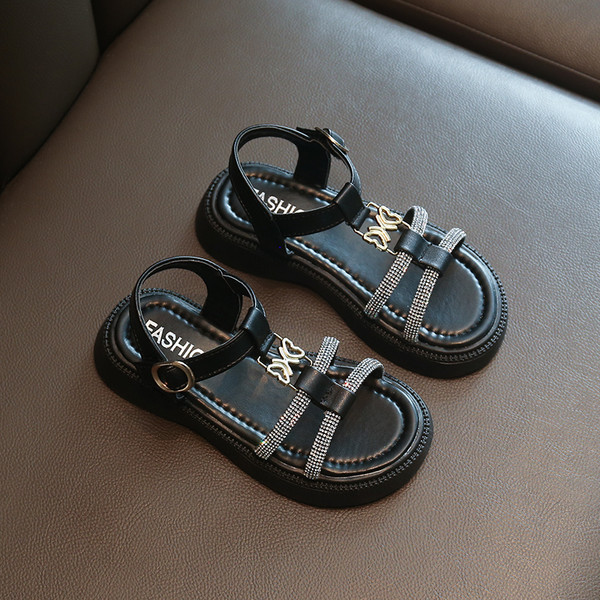 Летни сандали с камъни за момичета -бял и черен цвят