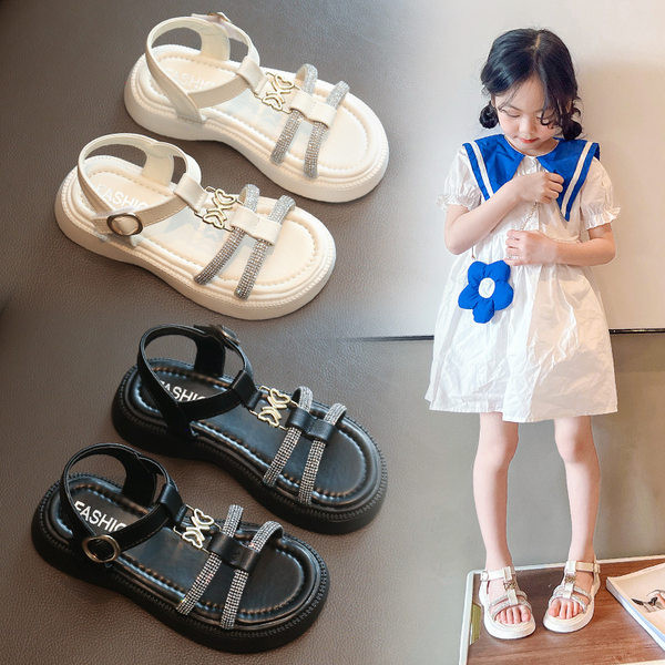 Летни сандали с камъни за момичета -бял и черен цвят