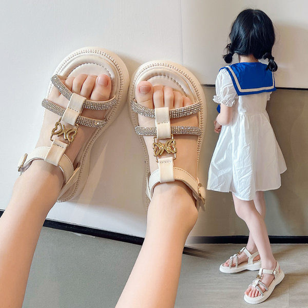 Летни сандали с камъни за момичета -бял и черен цвят