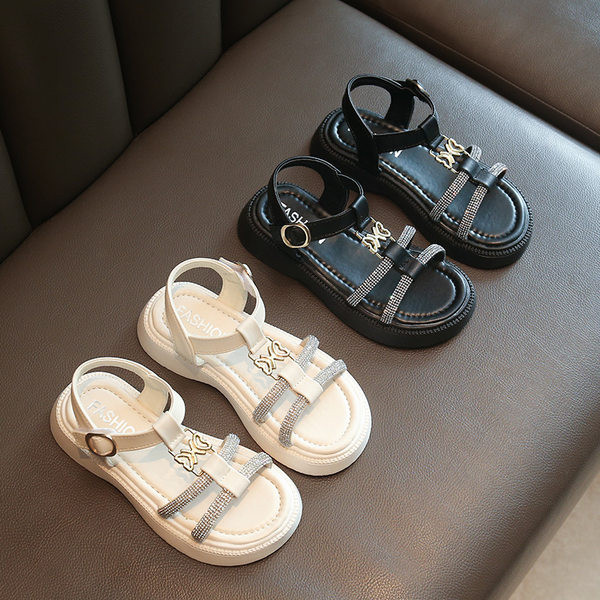 Летни сандали с камъни за момичета -бял и черен цвят