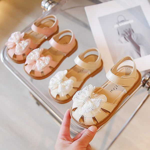 Детски сандали с панделка и камъни  за момичета