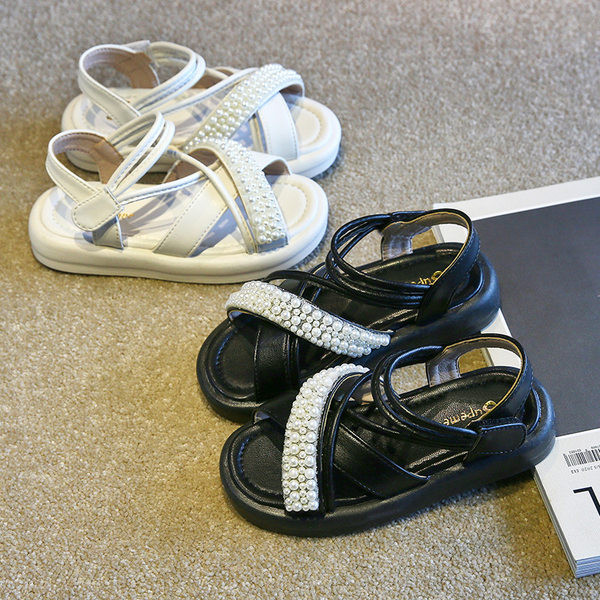 Сандали за момичета с кръстосани каишки и перли