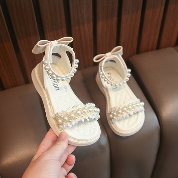 Детски сандали за момичета - с декорация перли и панделка