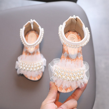 Детски сандали за момичета - с декорация перли и панделка