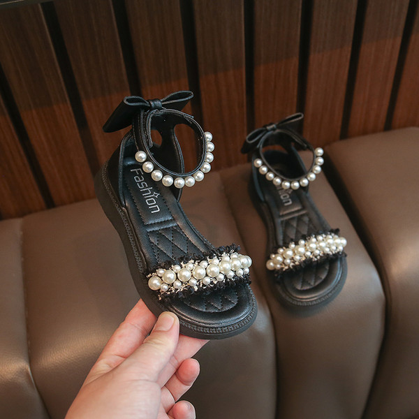 Παιδικά σανδάλια για κορίτσια - με διακόσμηση πέρλας και κορδέλας
