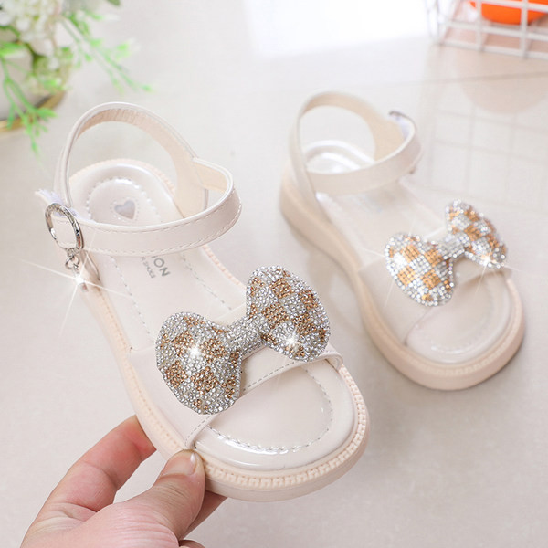 Детски сандали с панделка и декоративни камъни за момичета
