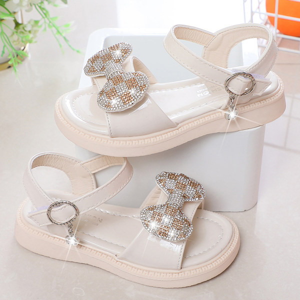 Детски сандали с панделка и декоративни камъни за момичета