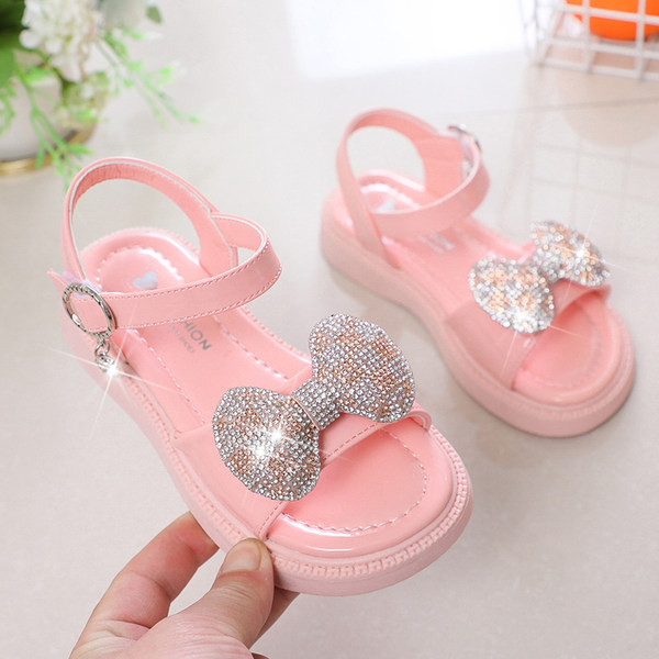Детски сандали с панделка и декоративни камъни за момичета