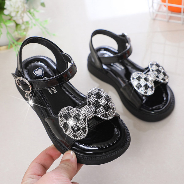 Детски сандали с панделка и декоративни камъни за момичета